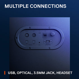 SteelSeries Arena 7 connectivity panel with USB, optical, and aux options