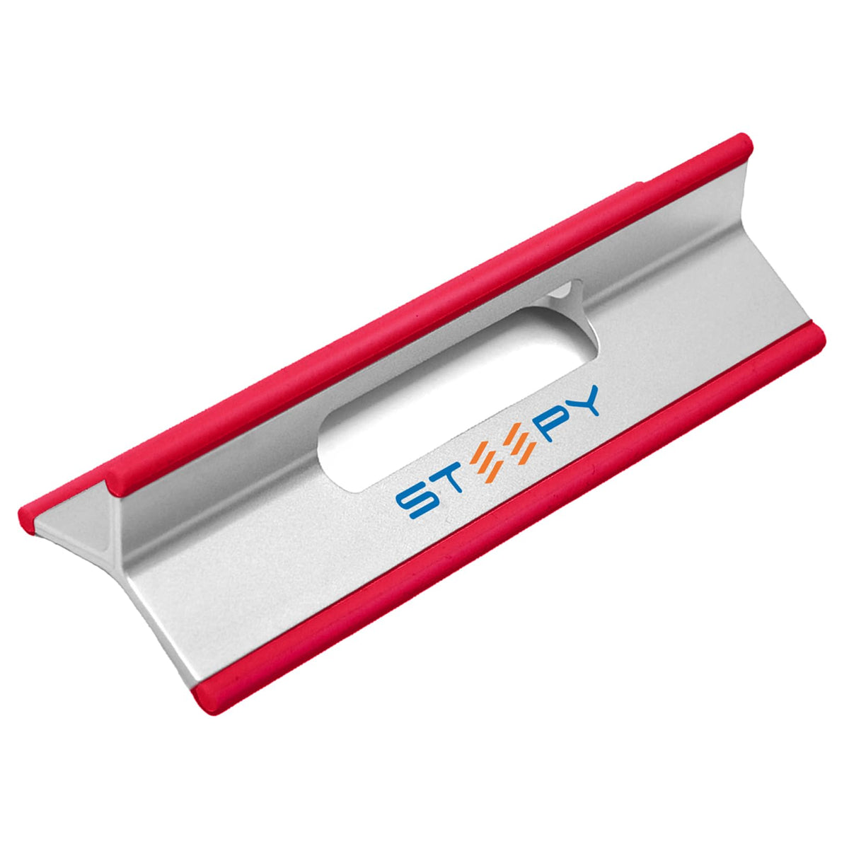 Steepy front view of open portable laptop stand showing stable platform and brand benefit