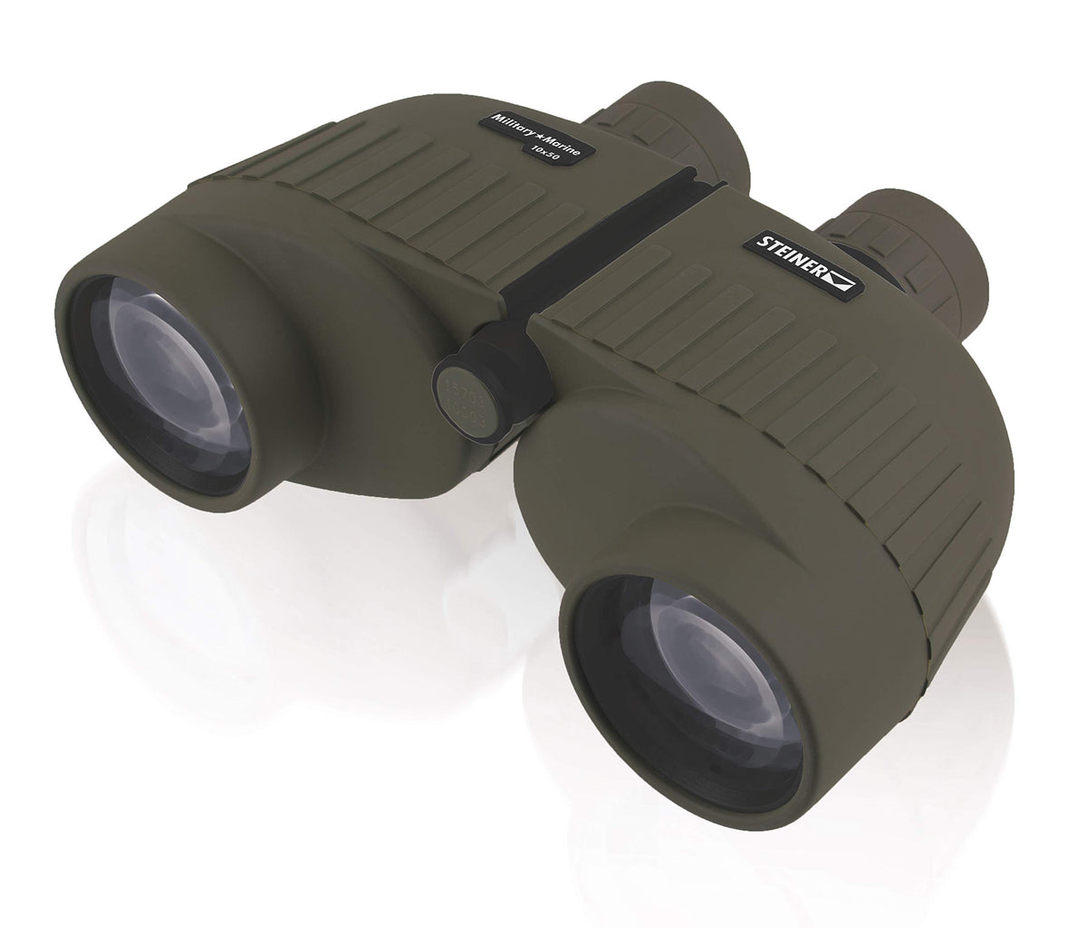 Steiner Military-Marine 10x50 binoculars, front view, rugged field-ready design for quick target spotting.