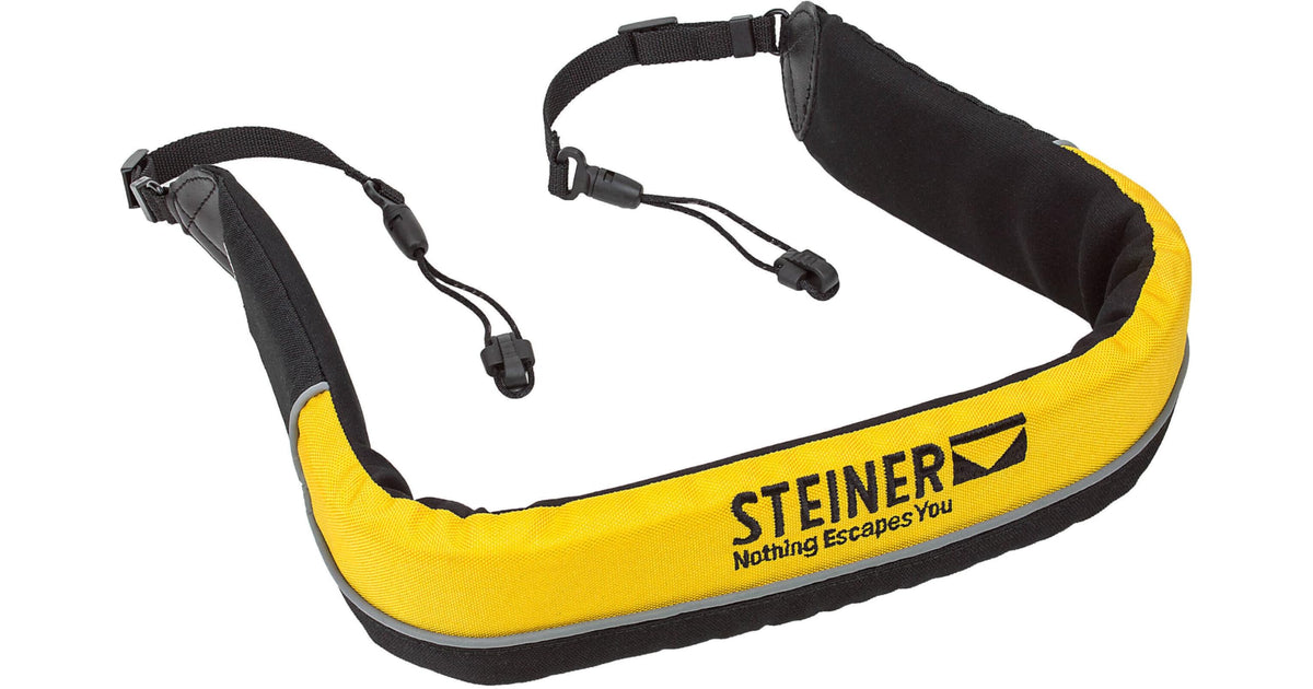 Steiner Navigator strap with bright yellow floating jacket keeps binoculars afloat.