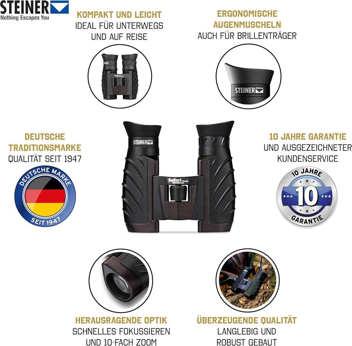 Steiner Safari UltraSharp 10x26 includes bag and strap for portable transport