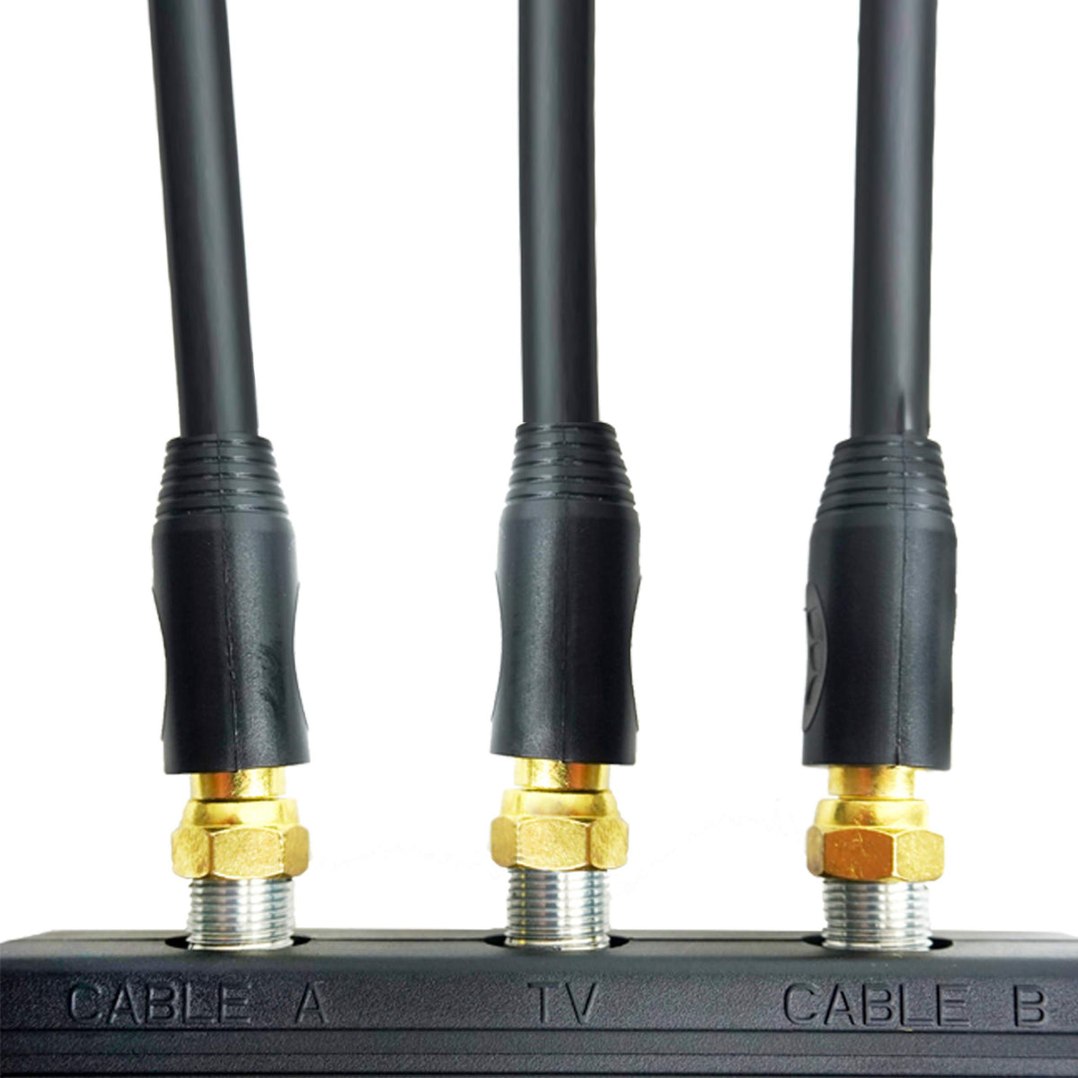 STEREN coax splitter in-use image connecting two TV sources.