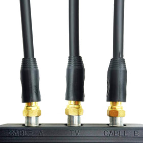 STEREN coax splitter in-use image connecting two TV sources.