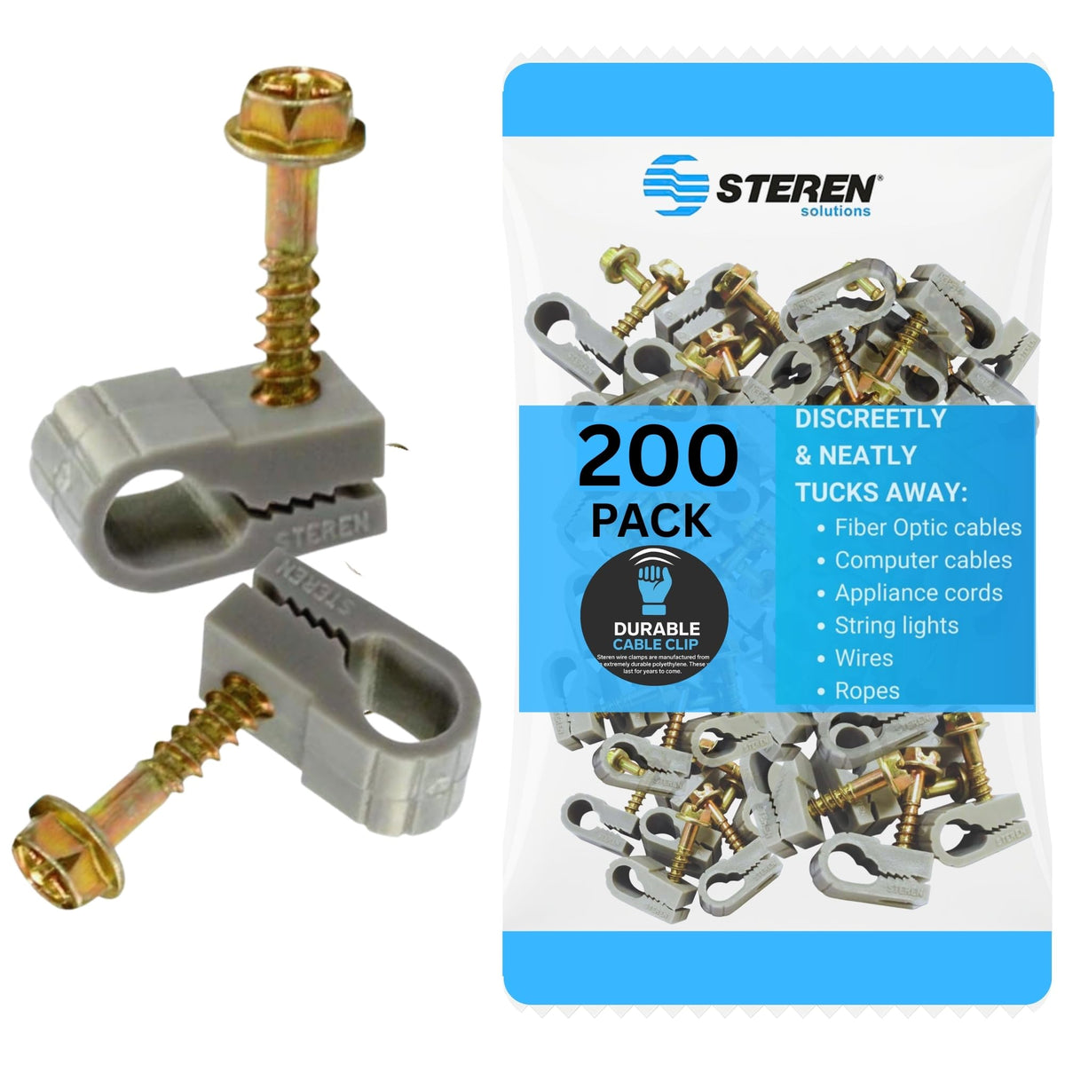 STEREN coaxial cable clips in gray packaging for quick home organization