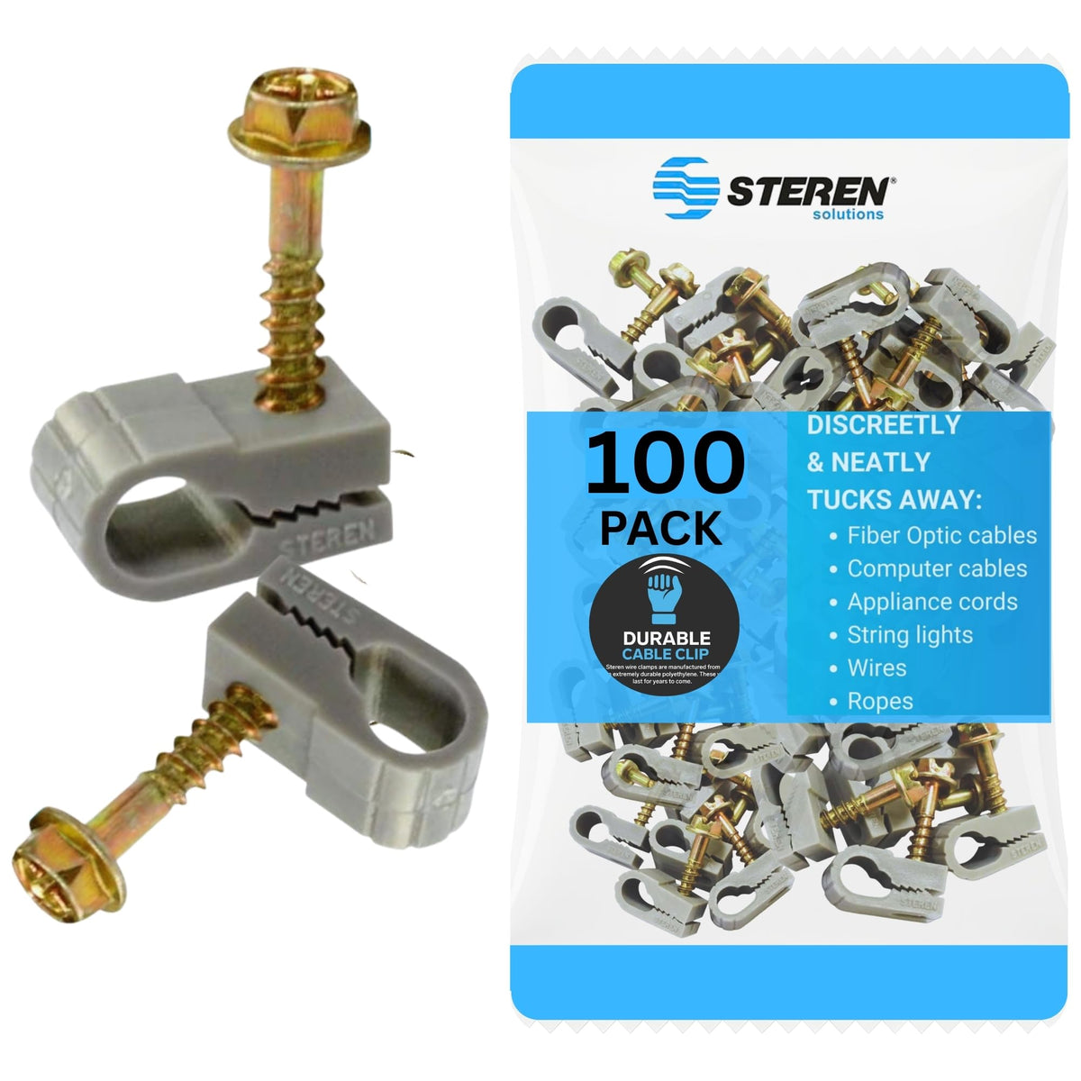 STEREN coaxial cable clip in grey secures desk cables for a tidy workspace.