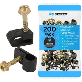 STEREN front package of 200 black cable clips shows quantity and tidy storage benefit