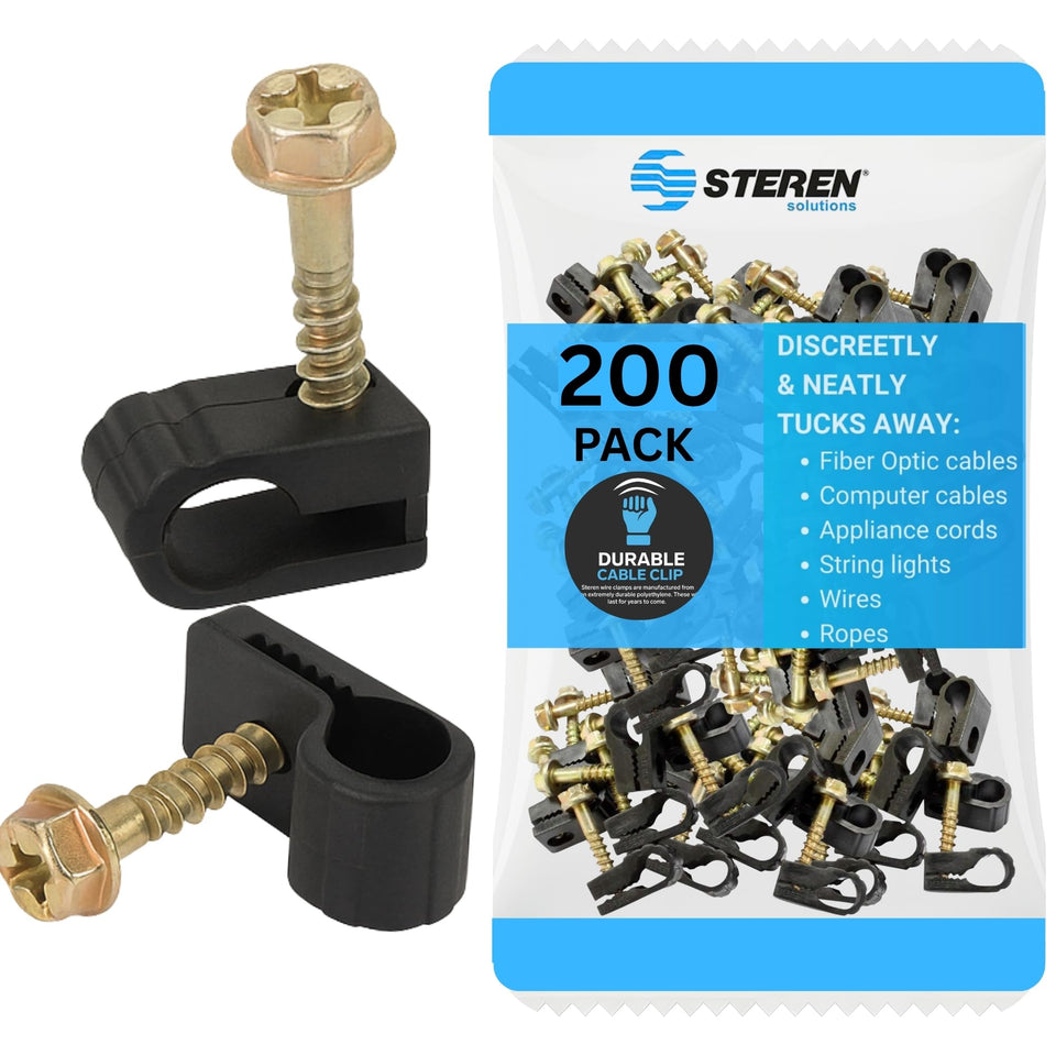 STEREN front package of 200 black cable clips shows quantity and tidy storage benefit