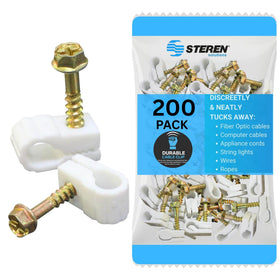 STEREN front packaging showing 200 white cable clips and benefits
