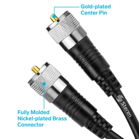 STEREN connector closeup highlighting nickel-plated PL-259 and secure soldered joint benefit