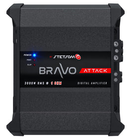 Stetsom Bravo Attack 3000 front panel demonstrates rugged build for high-power mono amplification.