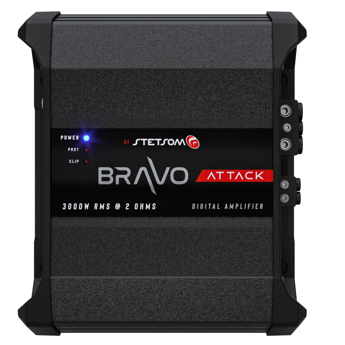 Stetsom Bravo Attack 3000 front view showcases compact, powerful design for bass-rich car audio.