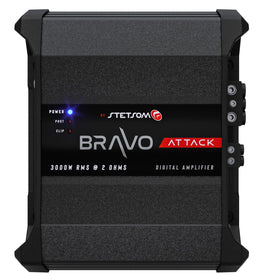 Stetsom Bravo Attack 3000 front view showcases compact, powerful design for bass-rich car audio.