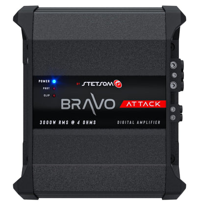 Stetsom Bravo Attack 3000 amplifier powering a high-demand subwoofer setup.