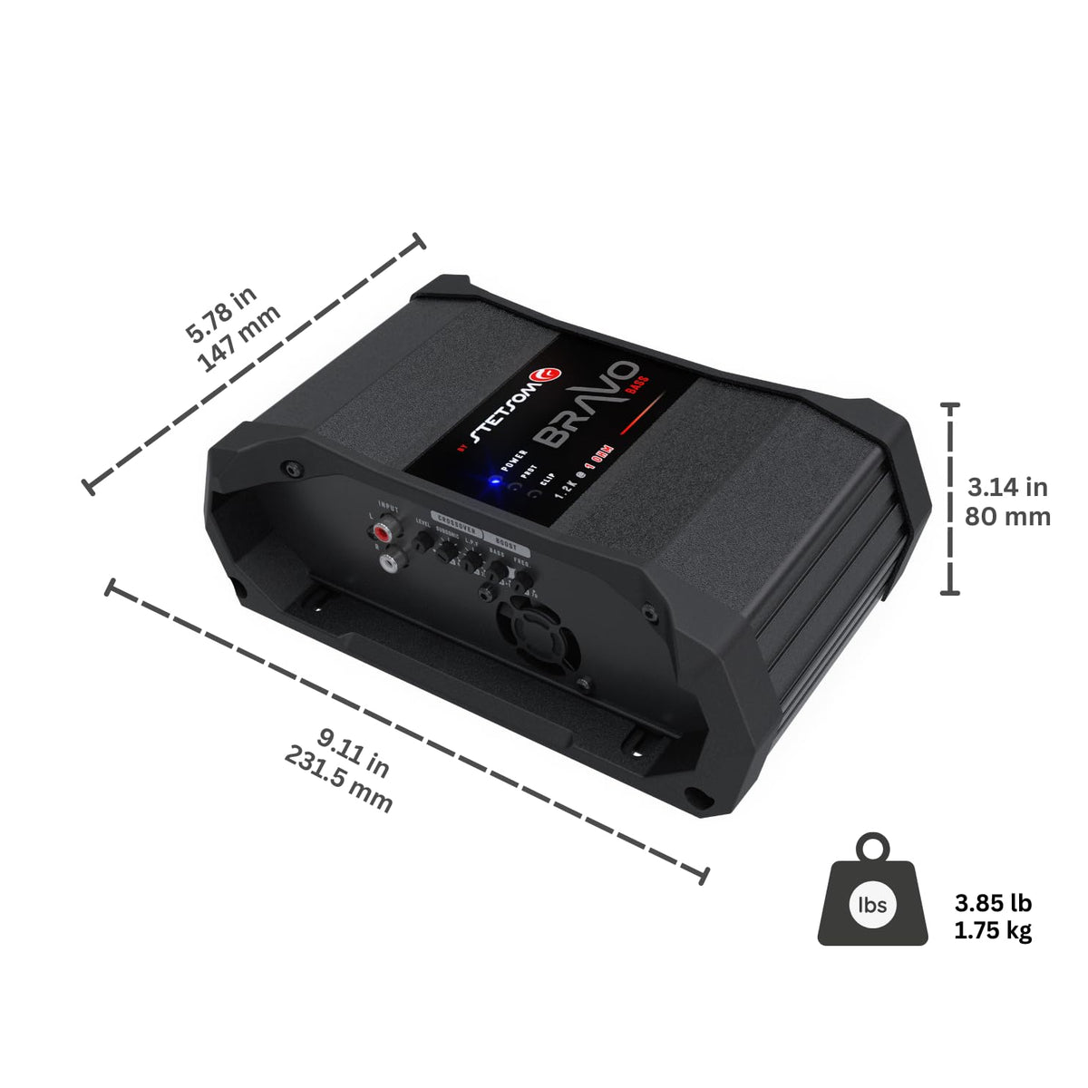Stetsom Bravo Bass 1200 bass boost control enhances low-end impact.