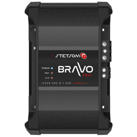 Stetsom Bravo Full 1200 front view shows rugged mono amp ready for high power