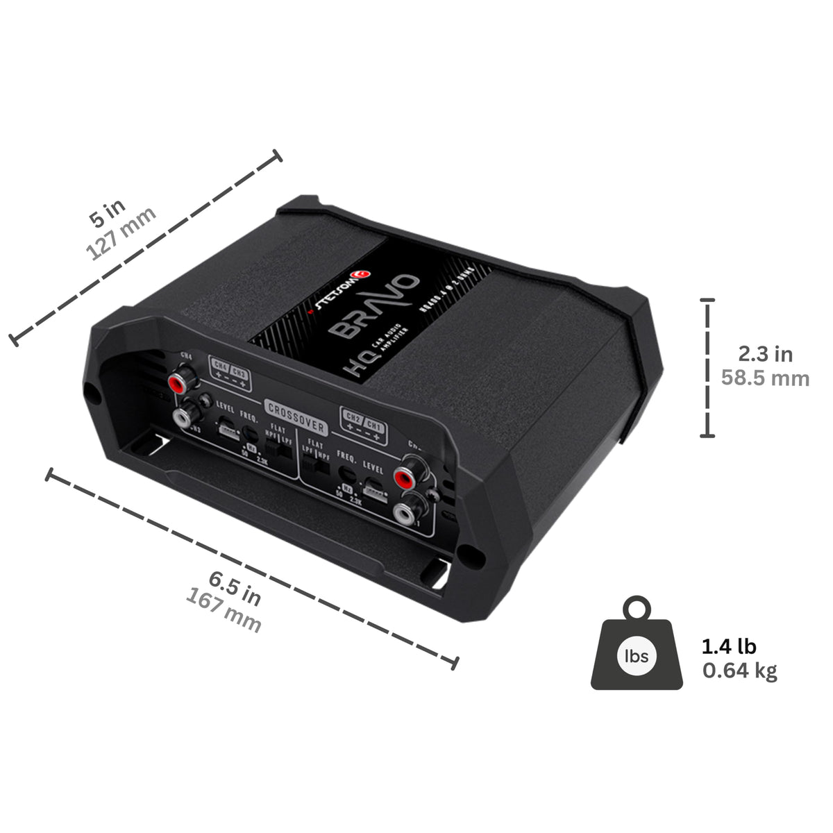 Stetsom Bravo HQ 400.4 bridge mode indicates power sharing across channels.