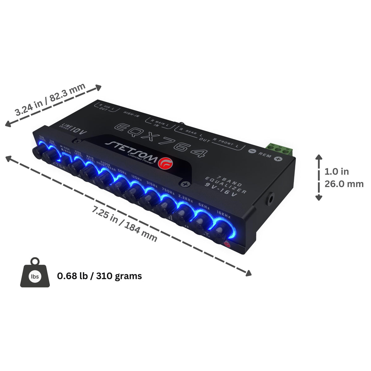 Stetsom EQX764 blue LED-lit controls for easy adjustment while driving.