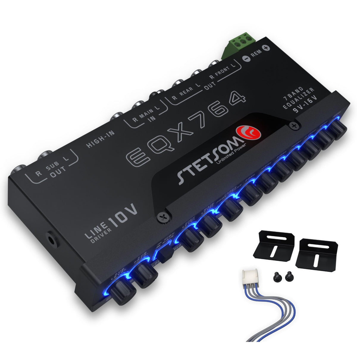 Stetsom EQX764 front panel with 7-band graphic EQ for precise tone shaping.