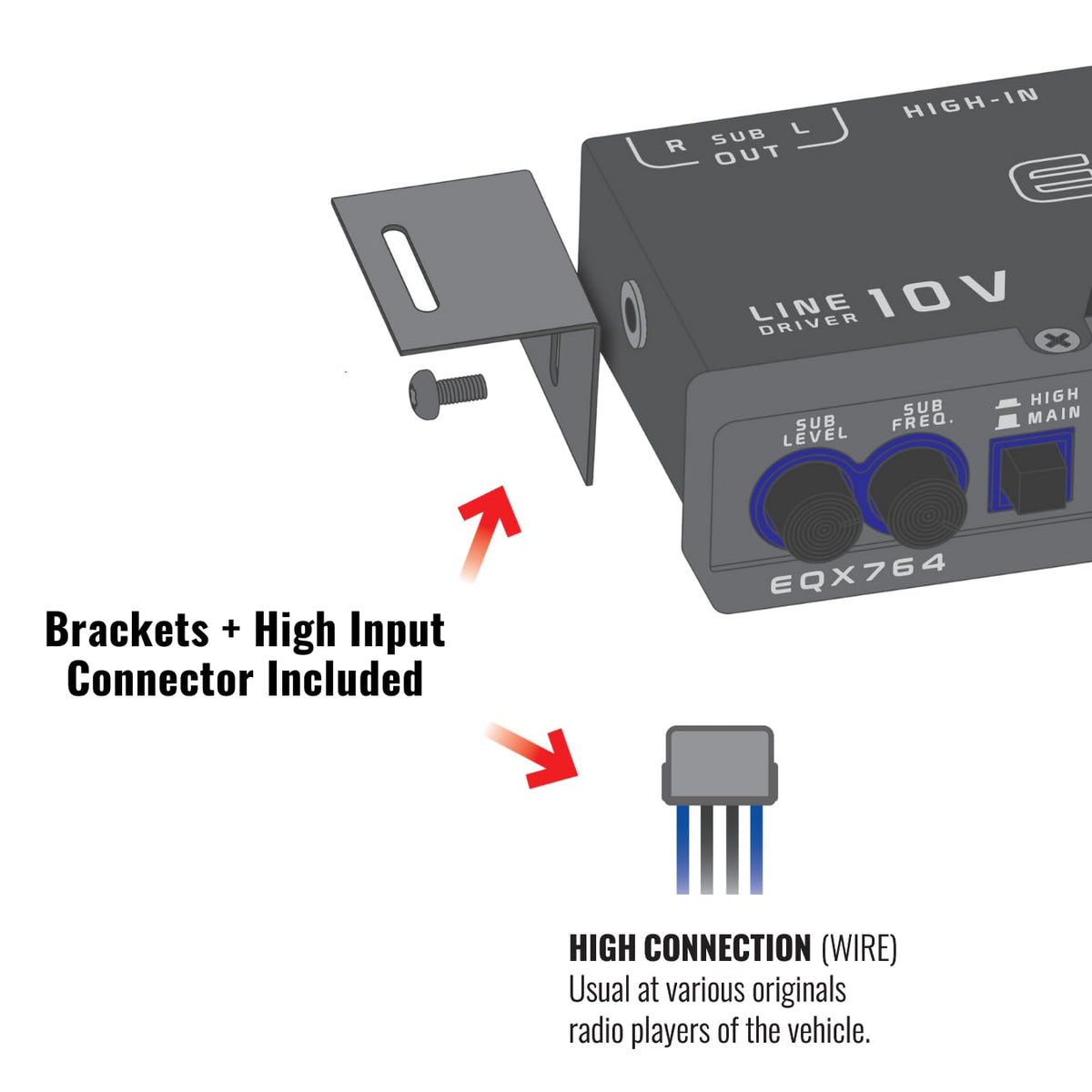 Stetsom EQX764 main/high input switch simplifies choosing audio sources.