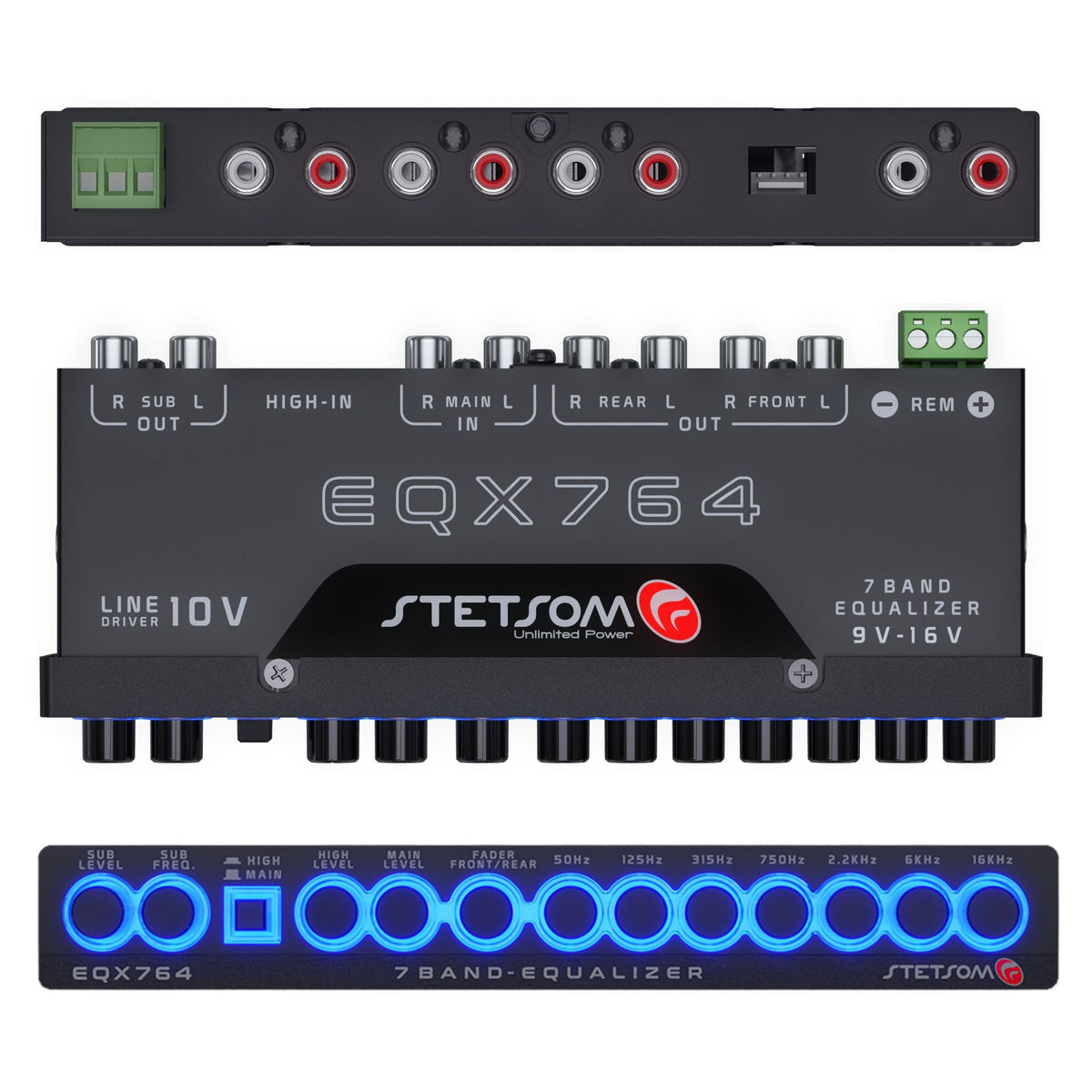 Stetsom EQX764 seven-band sliders enable fine-tuned bass, mids, and highs.