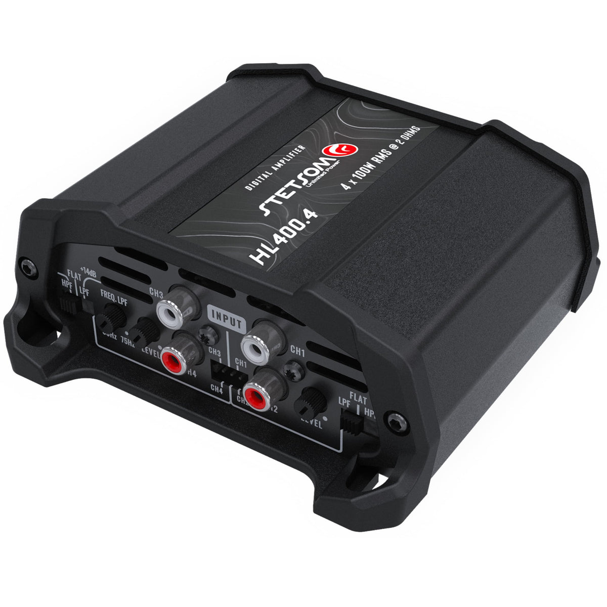Stetsom HL 400x4 connection panel with power, ground, and remote inputs.