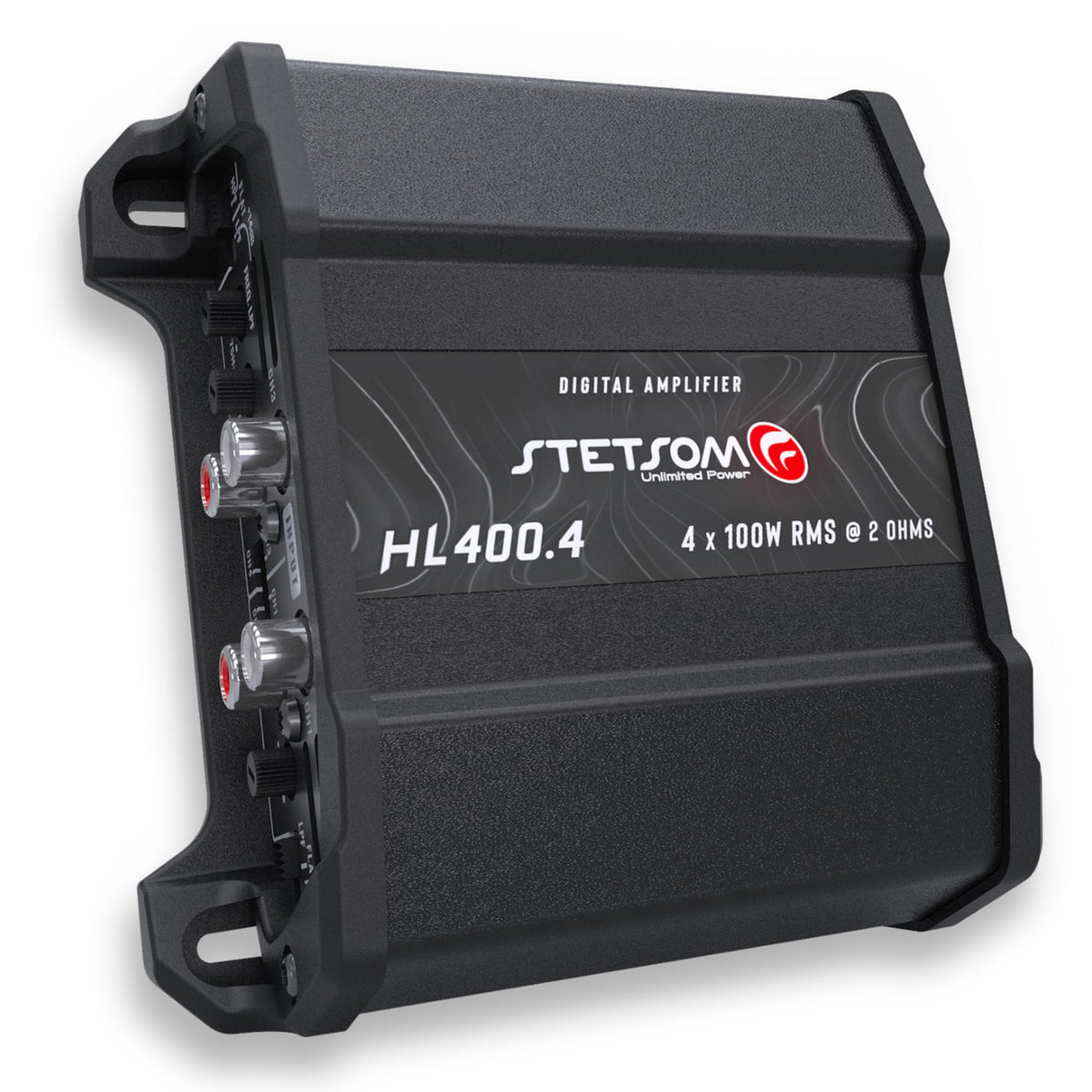 Stetsom HL 400x4 front view shows compact four-channel amp for tight installs.
