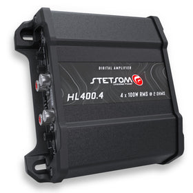 Stetsom HL 400x4 front view shows compact four-channel amp for tight installs.