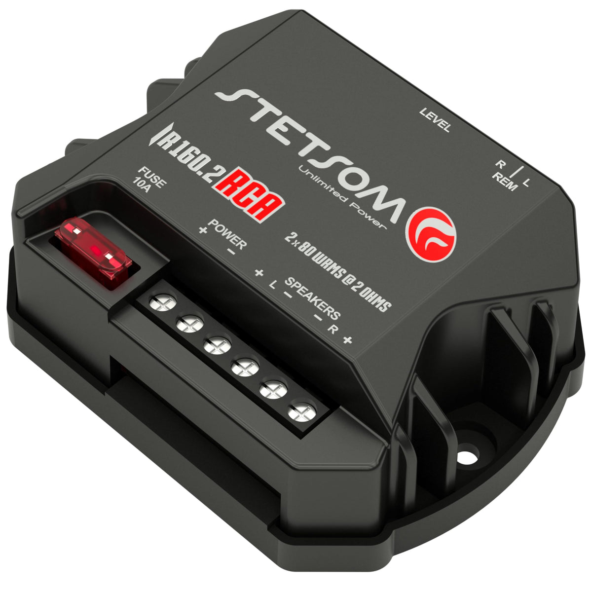 Stetsom IR160-front-view highlights a compact, efficient car amp.