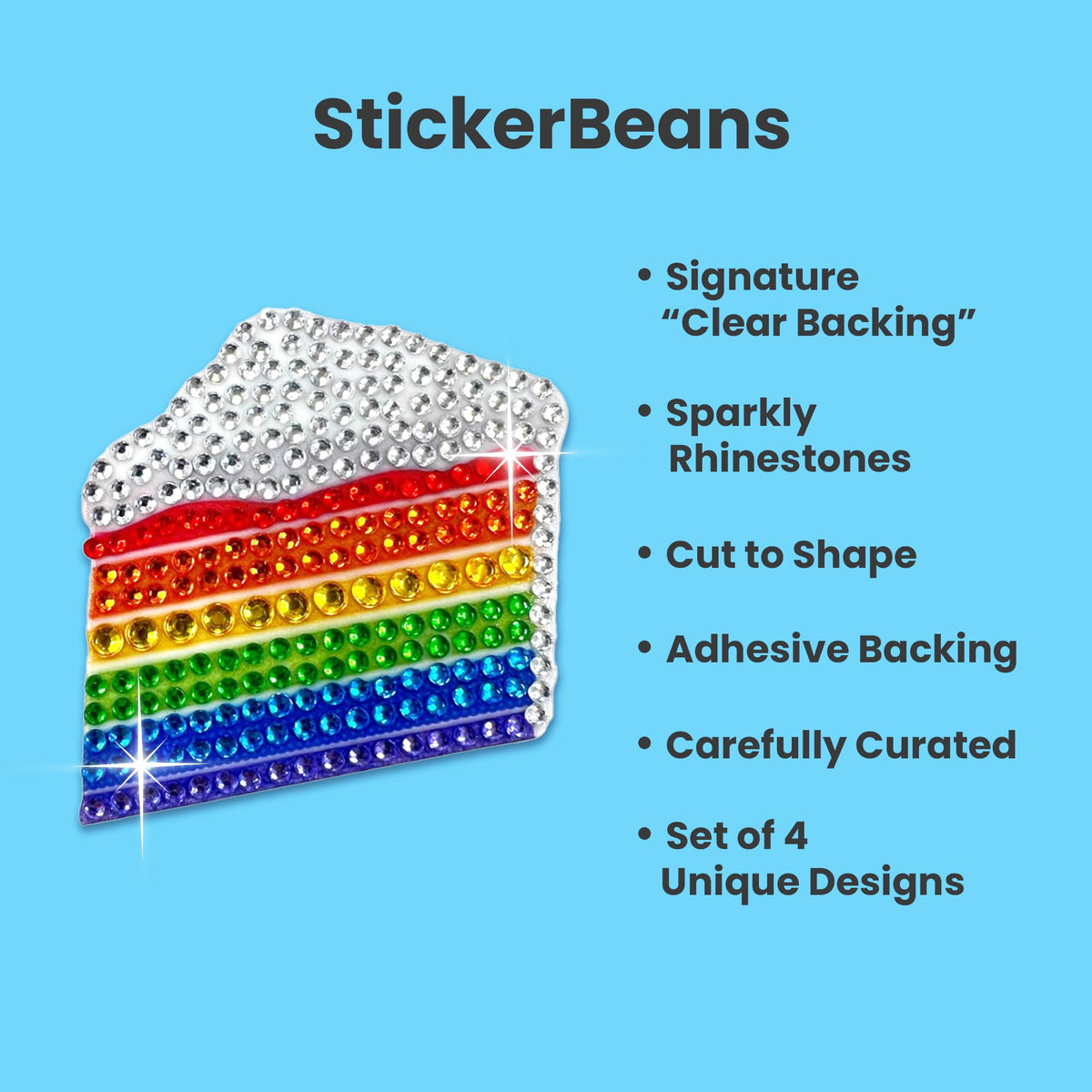 Close-up of StickerBeans rhinestones with clear backing highlighting secure adhesion.