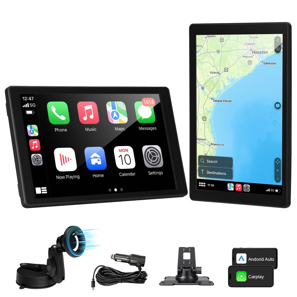 Stihoze front view of 8-inch wireless CarPlay screen showing interface and easy setup benefit