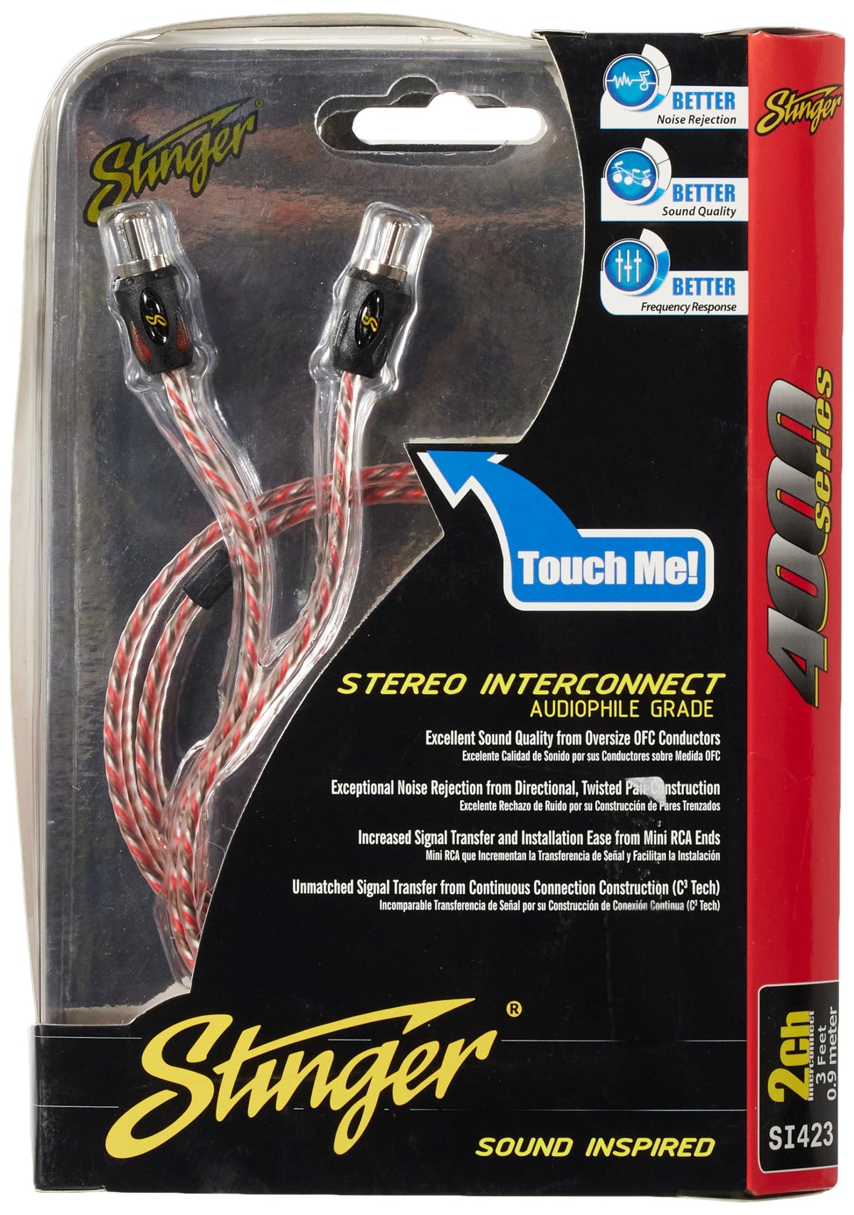 STINGER front view of split-tip connectors for precise contact and reliable audio