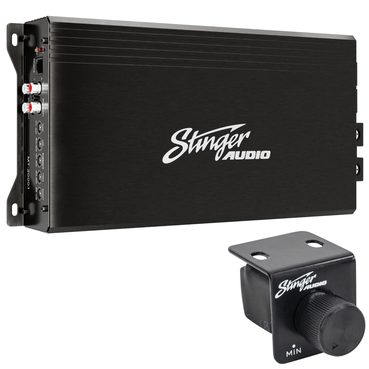 STINGER MT20001 compact amplifier beside a subwoofer system for space saving power