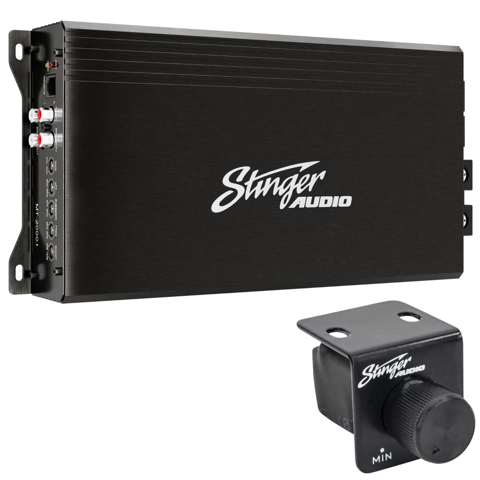 STINGER MT20001 compact amplifier beside a subwoofer system for space saving power
