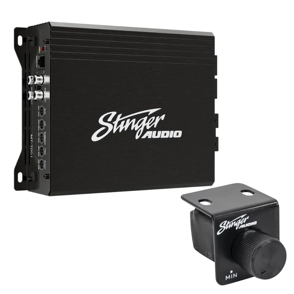 Stinger Audio MT700 compact-size amplifier powers subs without trunk clutter.