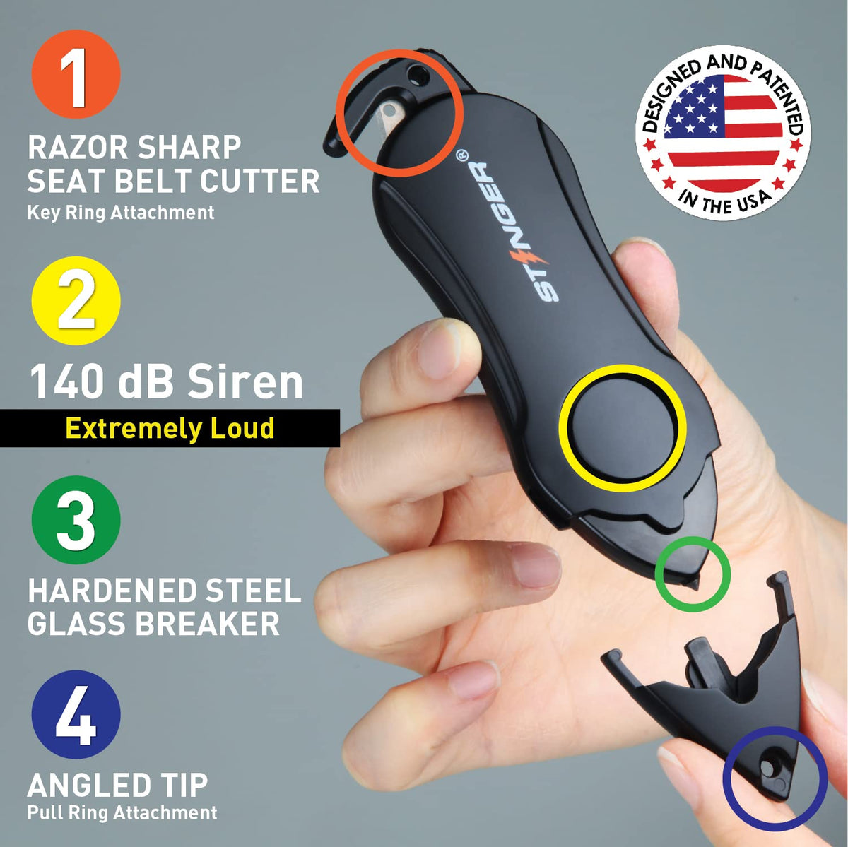 Stinger car window breaker tool for quick escape from a vehicle in an emergency.