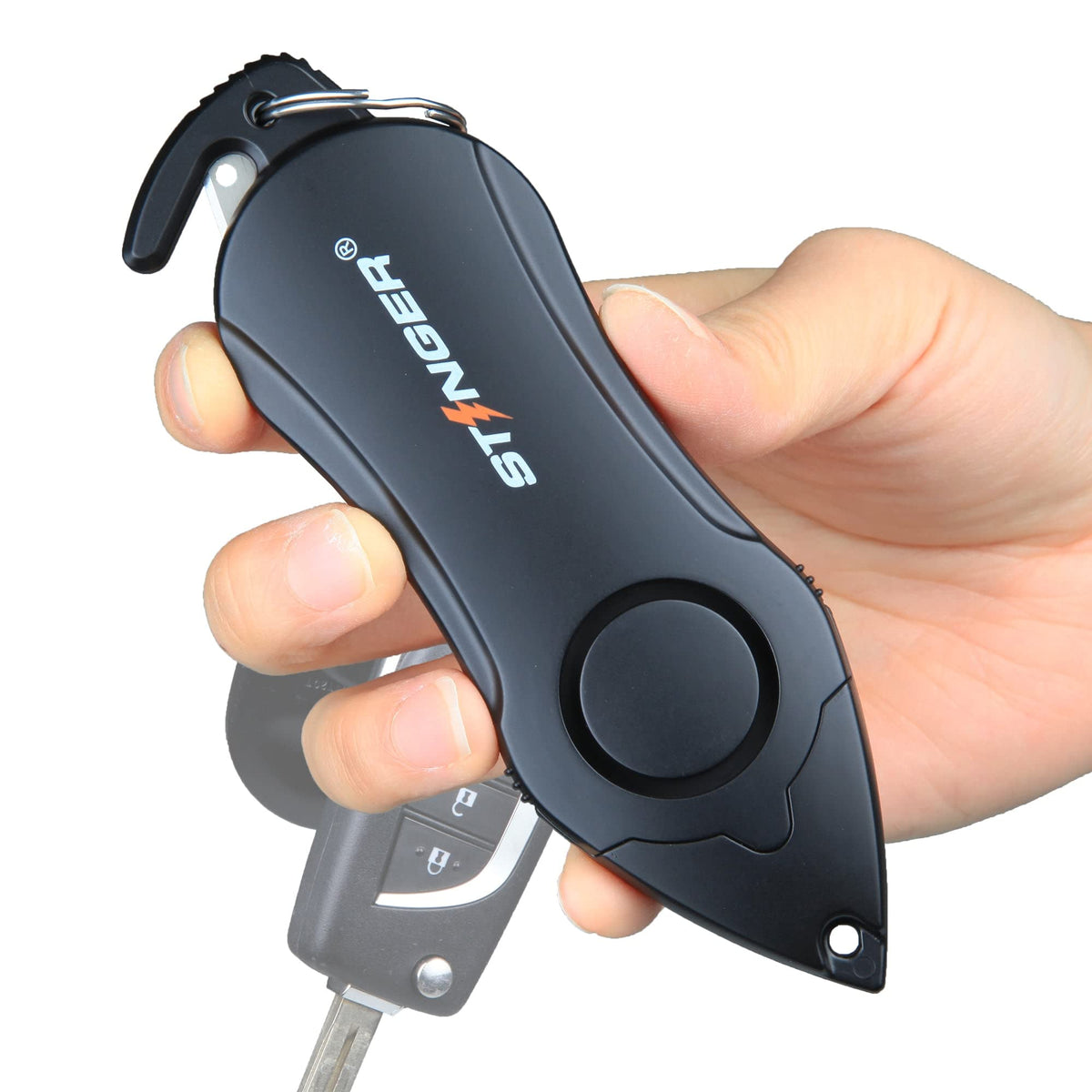 Stinger personal alarm keychain with 140 dB siren for fast help in danger.