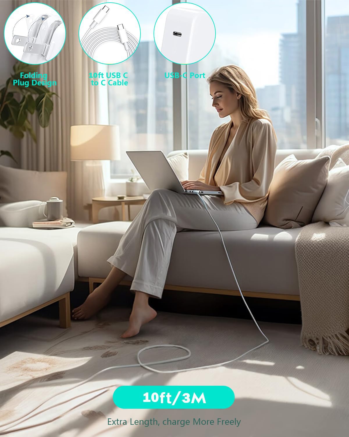 StinkLight charging on couch with laptop, long cable offers comfortable device placement