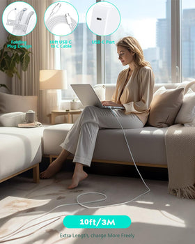 StinkLight charging on couch with laptop, long cable offers comfortable device placement