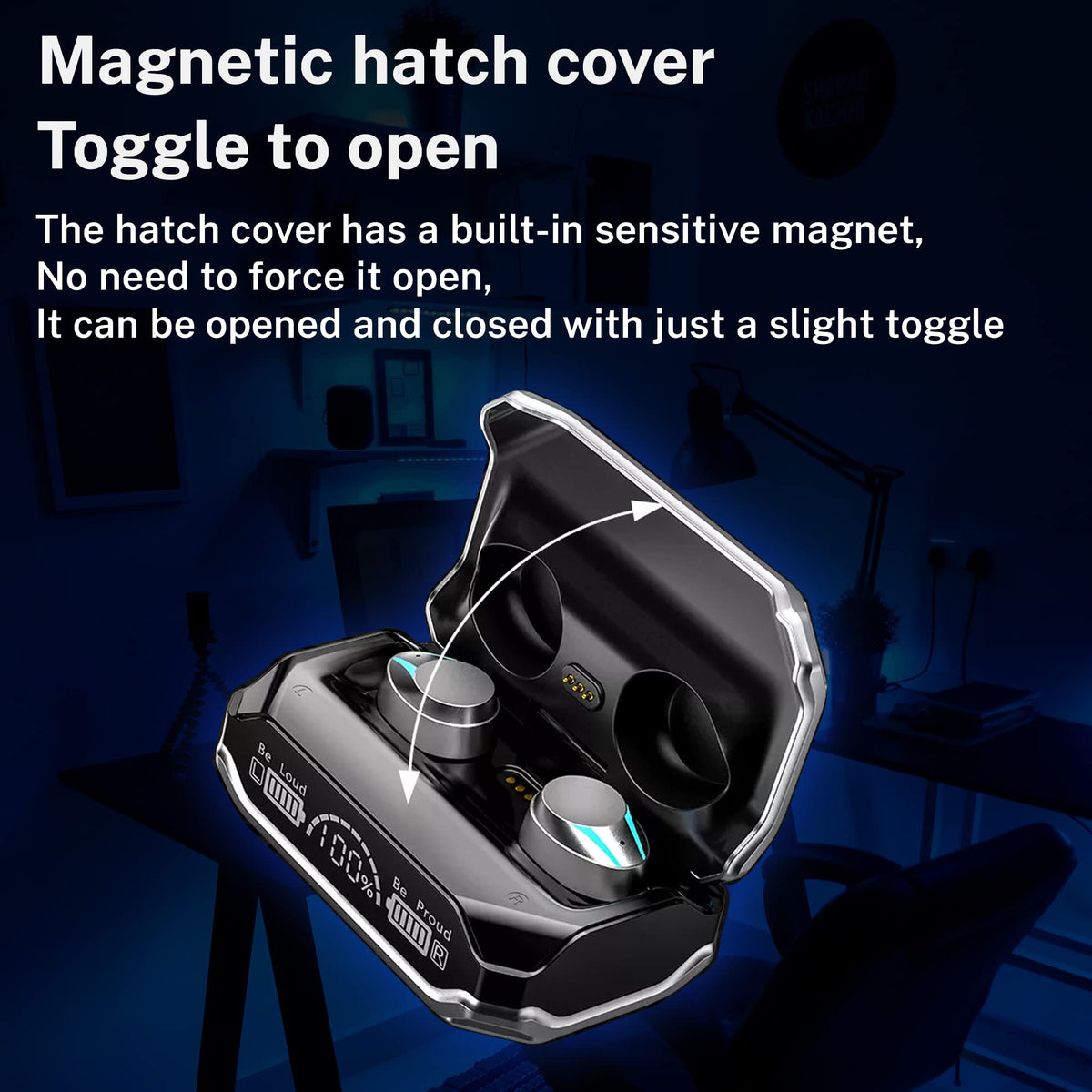 StitchGreen M41 earbuds-in-case showing portable charging on the go.