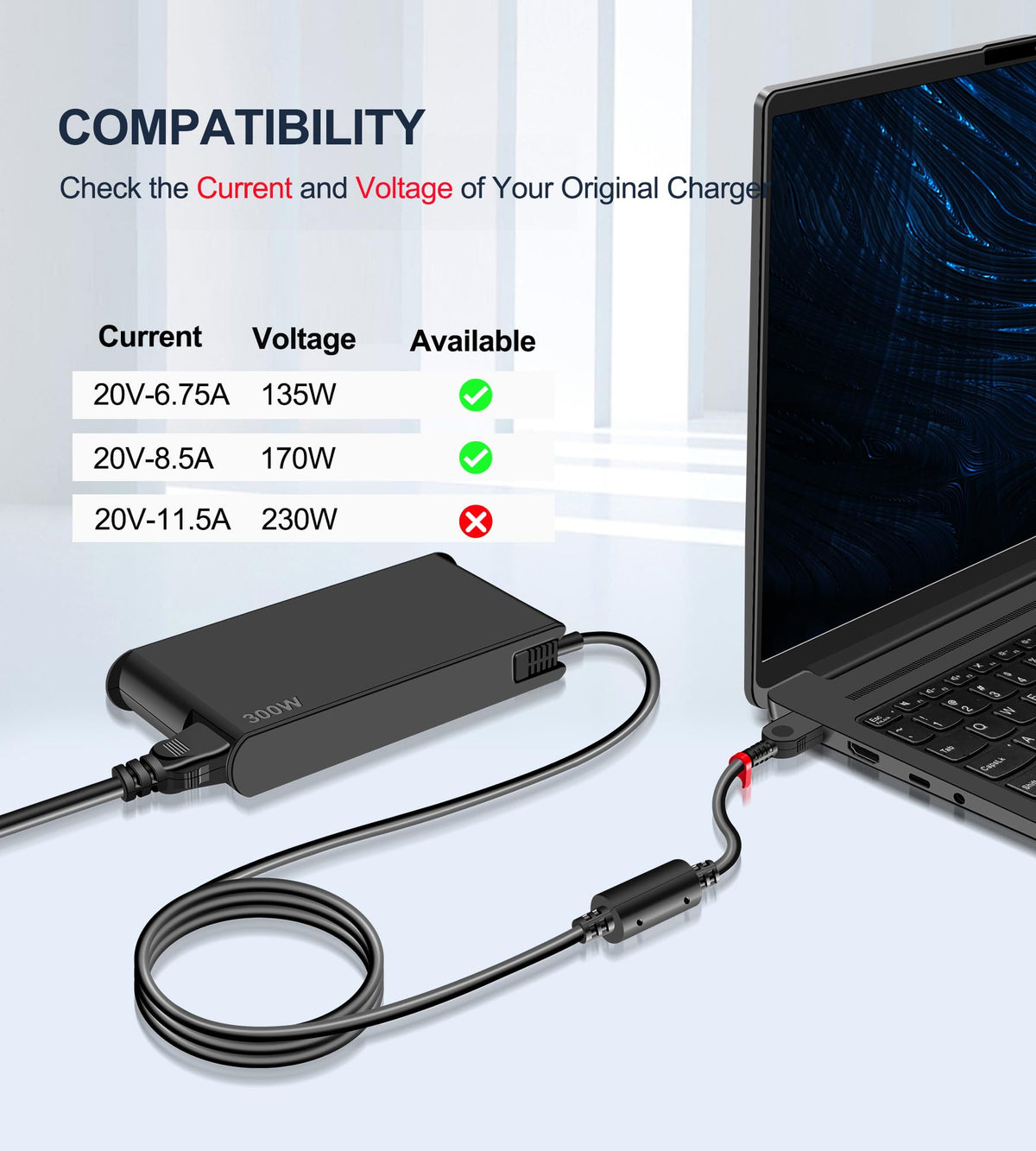 STLIERT charger plugged into Lenovo Legion laptop demonstrating stable high-power use