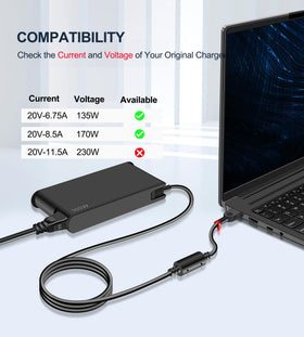 STLIERT charger plugged into Lenovo Legion laptop demonstrating stable high-power use