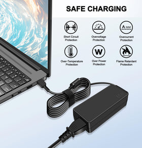 STLIERT charger beside laptop showing compact scale and travel convenience