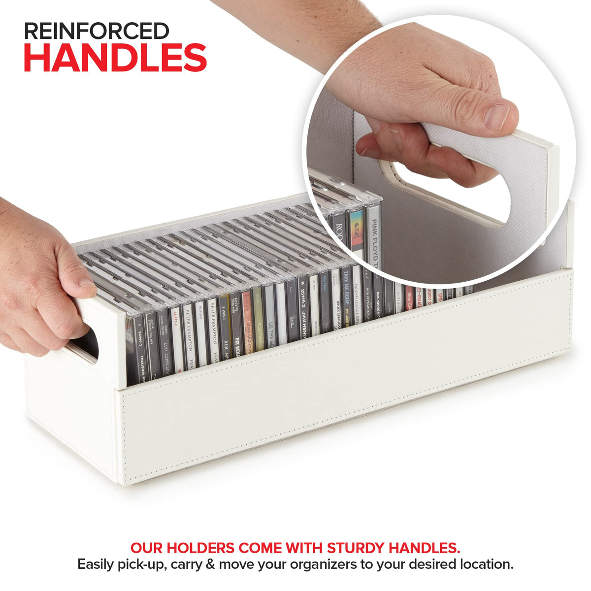 Reinforced handles on Stock Your Home CD Storage Box for easy transport.