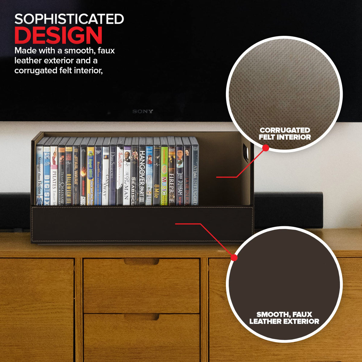 Stock Your Home DVD Storage Box espresso dimensions 17.75 L x 6.25 W x 8.25 H.