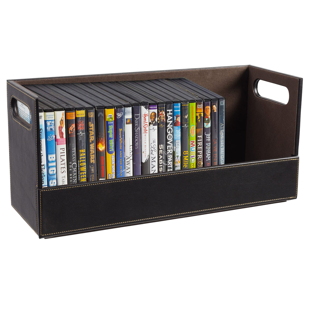 Stock Your Home DVD Storage Box espresso front view with sleek faux leather surface.