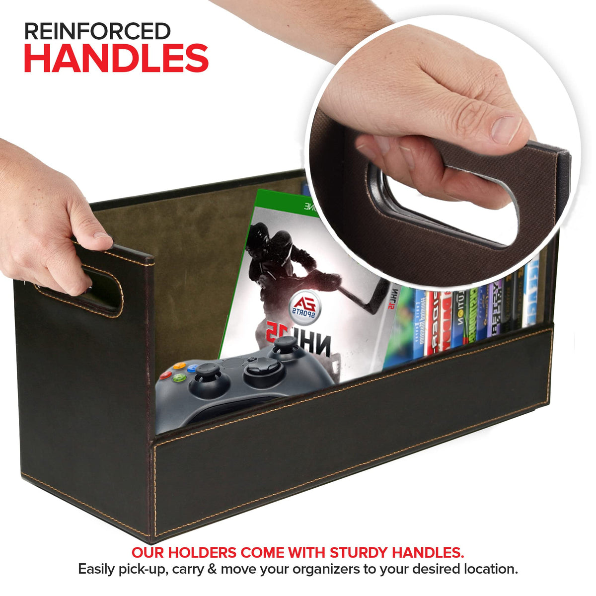 Stock Your Home DVD Storage Box espresso reinforced handles for easy transport.
