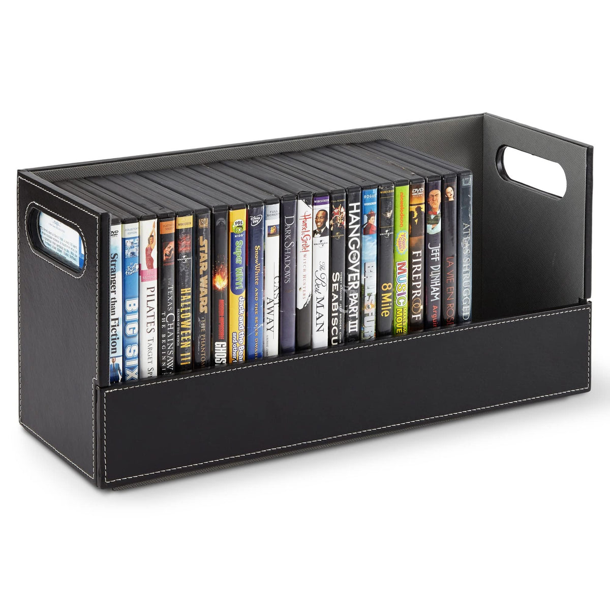 Stock Your Home DVD Storage Box front view demonstrates a sleek faux leather organizer for DVDs