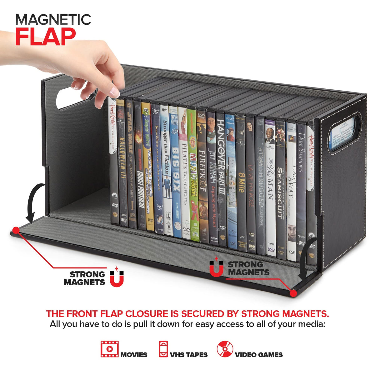 Stock Your Home DVD Storage Box interior shows corrugated felt lining and space for 28 discs