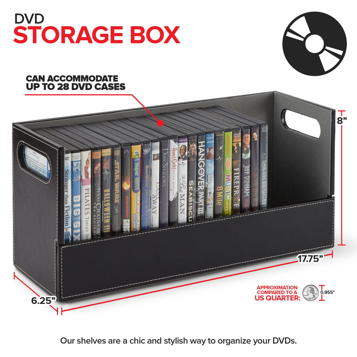 Stock Your Home DVD Storage Box side view highlights its compact profile for tight spaces