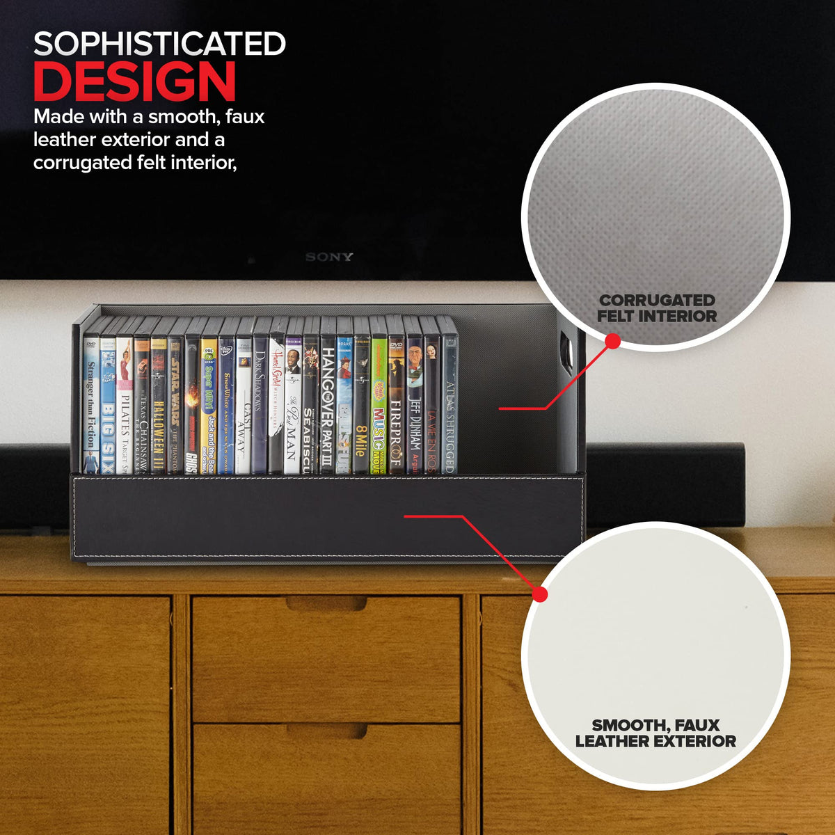 Stock Your Home box stacked with CDs shows modular interlocking design